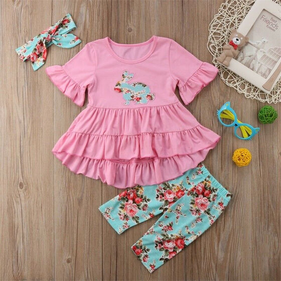 Toddler Kids Baby Girl Easter Top Dress Pants Leggings Outfits Set Clothes 2-7T