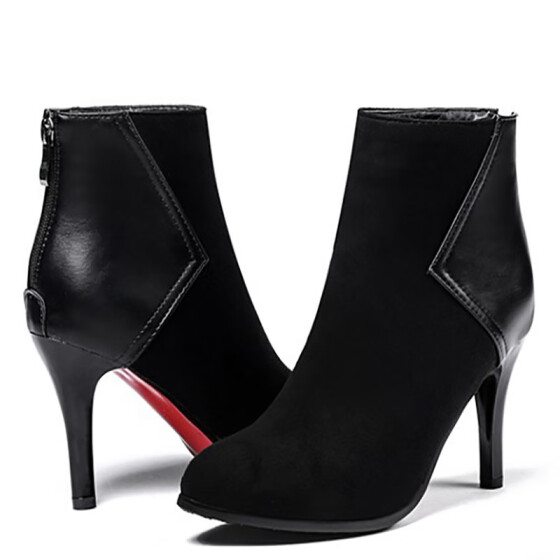 Womens Simple Faux Suede Round Toe Dressy Inside Zip Up Chunky High Heel Short Boots with Zipper