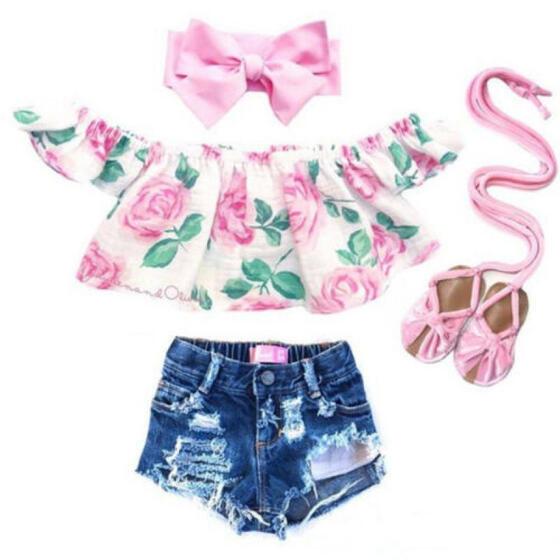 Summer Toddler Kid Baby Girl Off Shoulder Flower Tops Denim Shorts Jeans Outfits