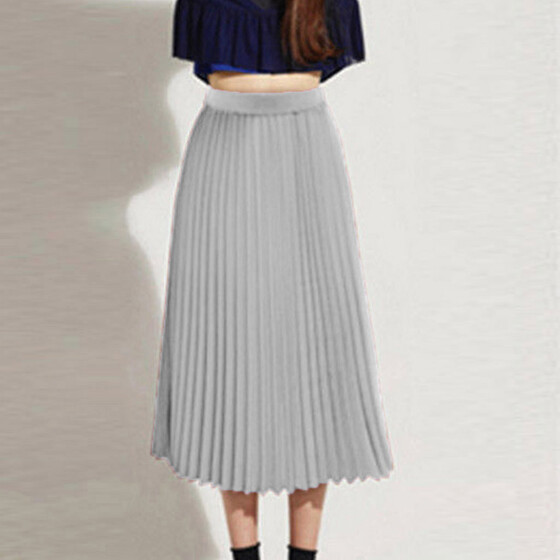 Womens Solid Pleated Elegant Midi Elastic Waist Maxi Skirt