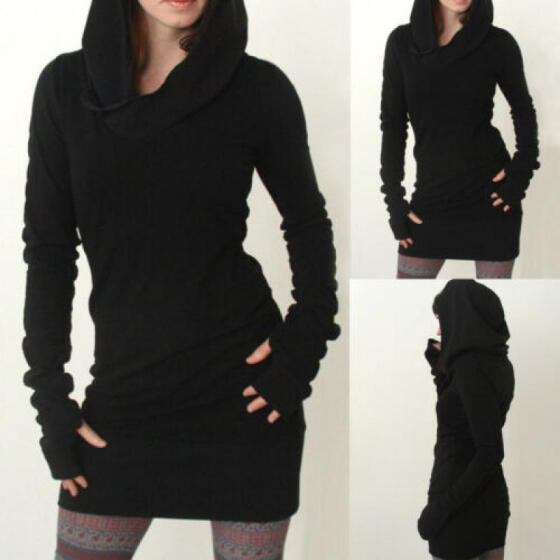 Women Ladies Casual Dress Long Sleeve Hoodie Pockets Hooded Jumper Sweater Tops