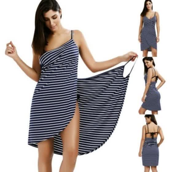 striped wrap hollow out maxi dress