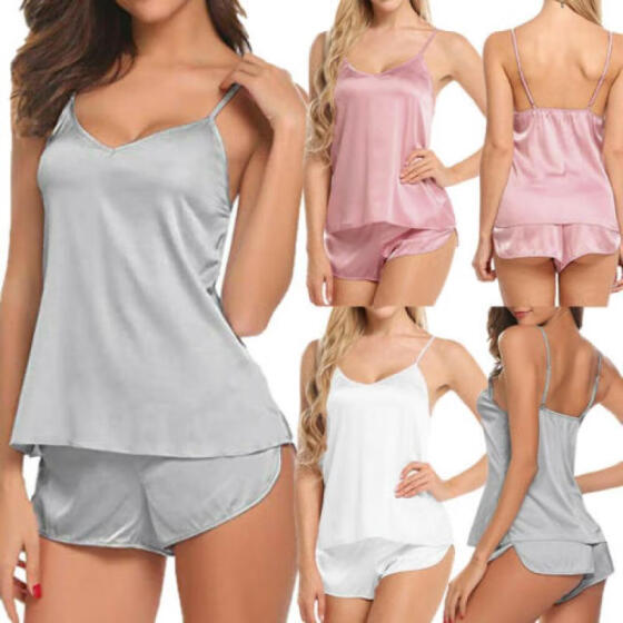 Women Satin Silk Pyjamas Sets Lingerie Underwear Ladies Sleepwear Nightwear US