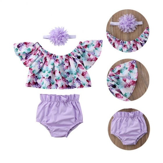 3PCS Toddler Newborn Baby Girl Off Shoulder Tops+Shorts Pants+Headband Outfit US