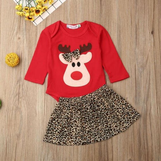 2Pcs Newborn Baby Girl My First Christmas Outfit Long Sleeve Romper Bodysuit Skirt Clothes Set