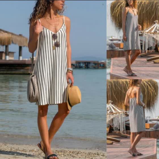 Shop Women S Holiday Mini Stripe Dress Beach Summer Strappy Dress Household Nightgown Online From Best Casual On Jd Com Global Site Joybuy Com