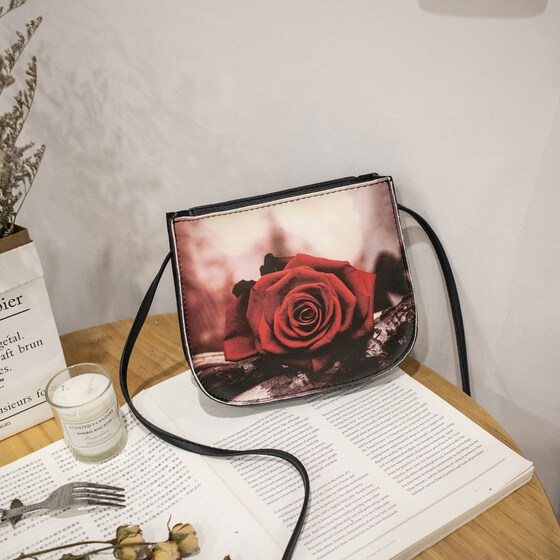 Red Flowers Printed PU Leather Handbag Tote Bag Shoulder Bag Shopping Bag For Lady