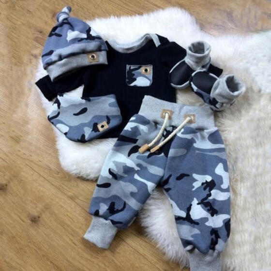 Newborn Infant Baby Boy 3pcs Clothes Camouflage Top Long Pants Hat Outfits Set