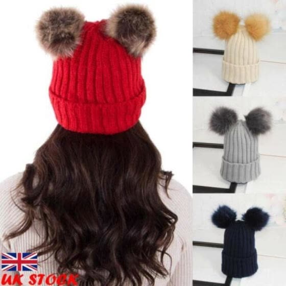 Shop Women Ladies Winter Beanie Cap With Chunky Knitted Double Fur Bobble Pom Pom Hat Online From Best Girls Accessories On Jd Com Global Site Joybuy Com