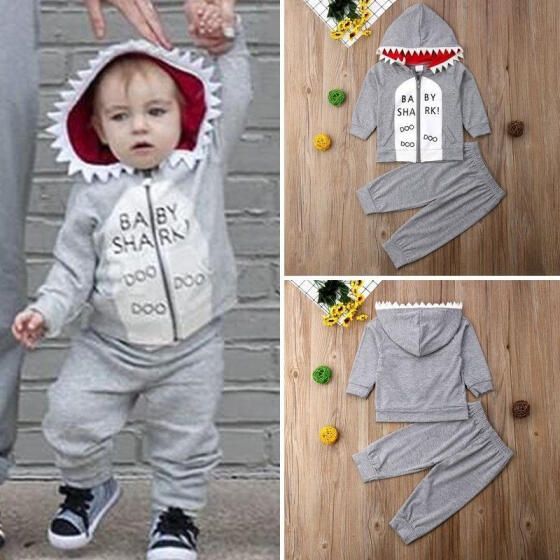 2PCS Kids Toddler Baby Boy Girl Hooded Tops T-shirt Long Pants Tracksuit Gray