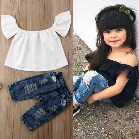 Toddler Kids Baby Girls Off Shoulder Tops Denim Pants Trousers Outfits Clothes