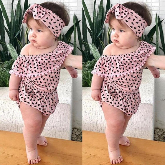Infant Baby Girl Summer Off Shoulder Romper Jumpsuit Headband Outfit Clothes Set