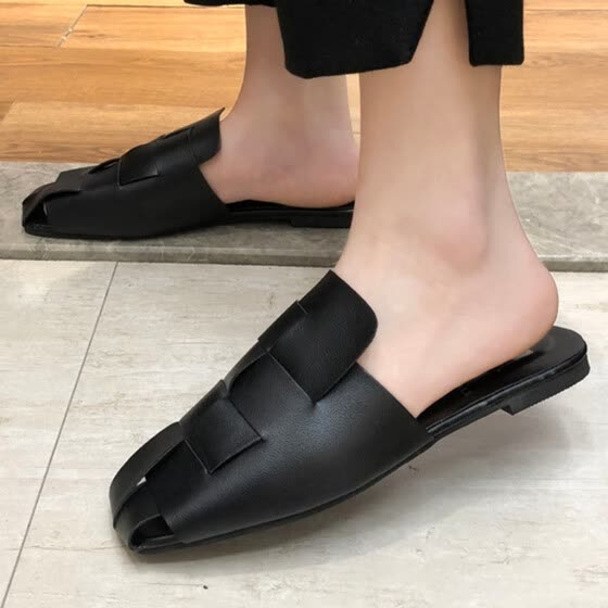Midress 2019 Women Casual Shoes Metal Decoration Square Toe Flat Shoes Cover Toe Slippers Sandals