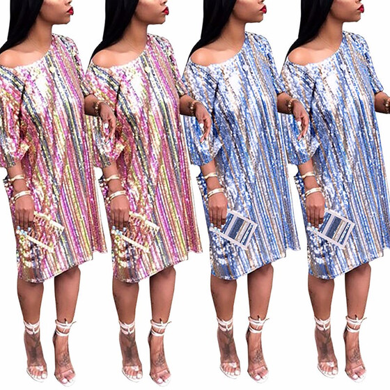 Womens Sparkle Glam Rainbow Striped Sequins Short Sleeve Dress for Party