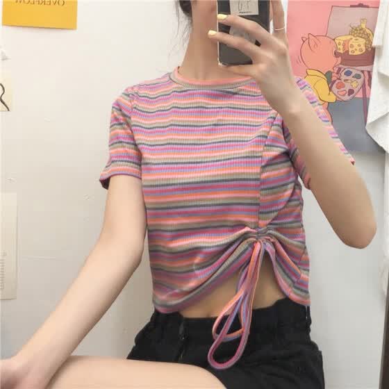 Shop Novel Design Drawstring Women S T Shirt Summer Fashion O Neck Striped Short Sleeve T Shirt Sexy Knitted Slim Pullover Tee Tops Online From Best T Shirts On Jd Com Global Site Joybuy Com