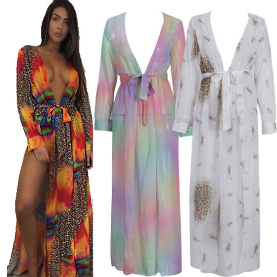 Womens Leopard Print Bikini Cover Up Casual Swimwear Beach Long Kaftan Dresses