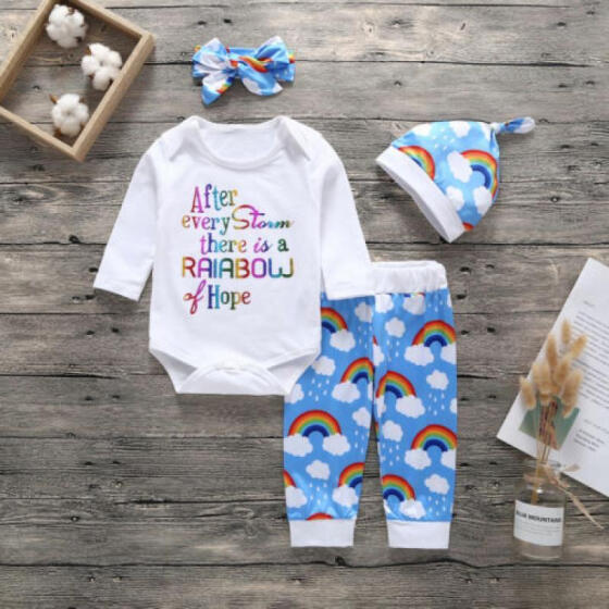 4pcs Baby Newborn Boy Girl Rainbow Clothes Tops Romper Long Pants Hat Outfits