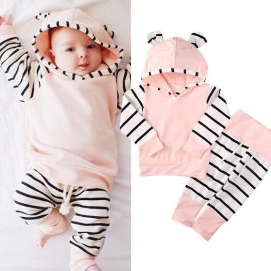 USA 2pcs Newborn Baby Girls Hoodie Hooded Sweater Tops+Pants Outfits Set Clothes