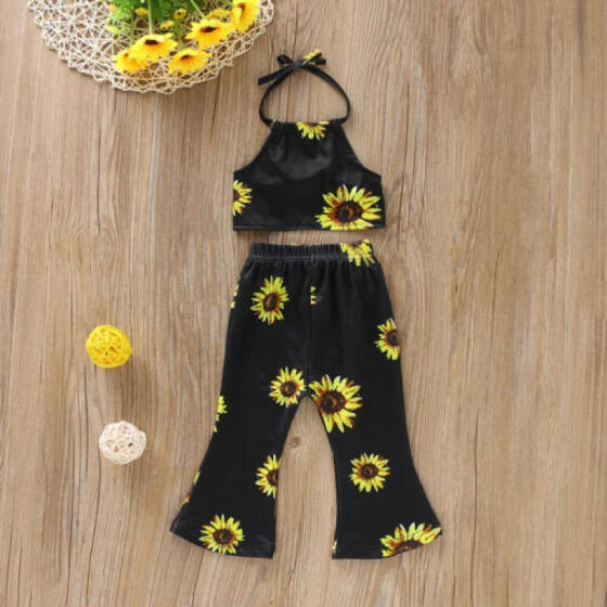 2pcs Newborn Baby Kids Girl Sunflower Top Sundress+Bottoms Outfit Set Clothes
