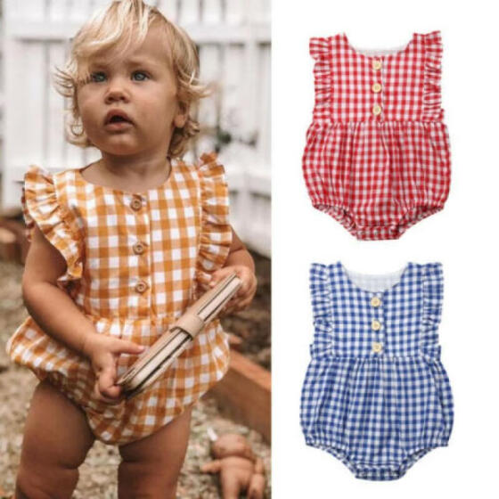 UK Toddler Kids Baby Girls Lace Plaids Romper Bodysuit Dress Outfits Clothes Set