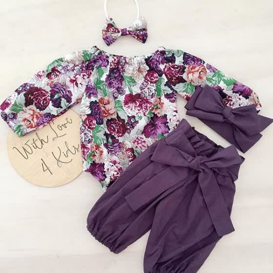 i-Auto Time Newborn Baby Girl Clothes Ruffle Tops+Floral Pants+Hat+Headband Outfit Set