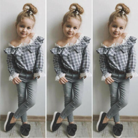 2PCS Kids Baby Girls Clothes Floral Short Sleeve Tops Denim Jeans Pants Outfits