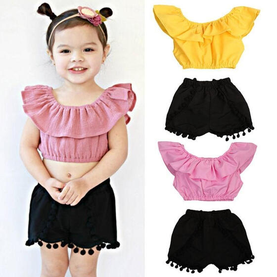 UK Kids Toddler Baby Girls Outfit Clothes Frill T Shirt Flowers Tops+Short Pants