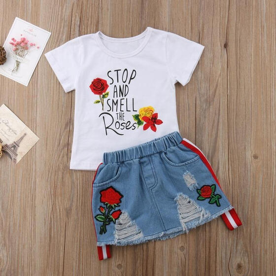 2pcs Fashion Girls Long Sleeve Red Blouse+Denim Rose Pants Kids baby Clothes Set