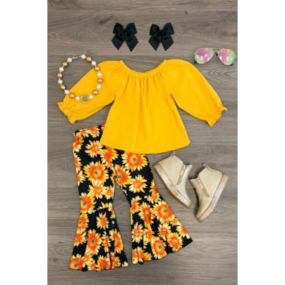 Flared Pants Outfits UK 3PCS Toddler Baby Girl Sunflower Clothes Tops T-shirt