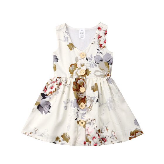 Summer Baby Kids Girls Princess Dress Pageant Sleeveless Button Floral Dresses