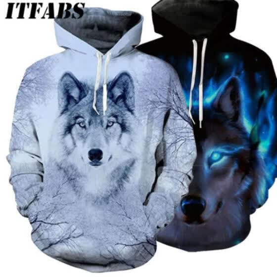 men 3d wolf print hooded sweatshirt