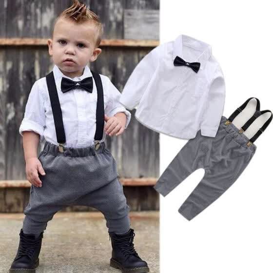 UK 2PCS For 0-24M Baby Boy Gentleman Outfits Clothes Romper Tops Bib Pants