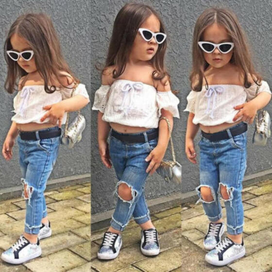 Toddler Kids Baby Girls Tops T-shirt Denim Hot Pants Jeans, 50% OFF