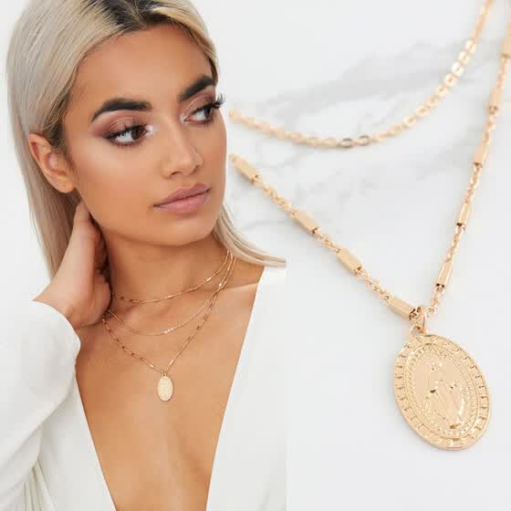Europe And The United States Gold Renaissance Three Layer - Gold Renaissance Double Layer Cross And Pendant Necklace Europe And The United States Gold Renaissance Three Layer - Gold Renaissance Double Layer Cross And Pendant Necklace