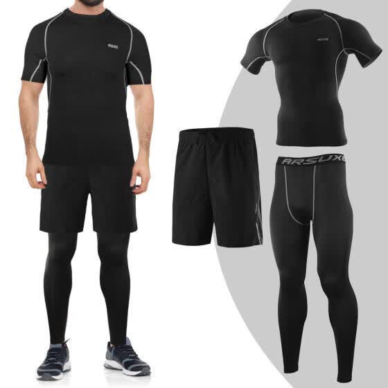 Shop 3pcs Men Workout Clothes Set Compression Pants Short