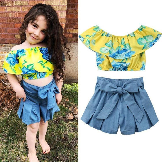 US Infants Baby Girls Kids Tops Ruffle Jeans Dress Shorts Outfits Summer Clothes