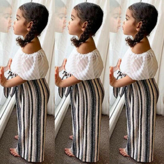 Toddler Kids Baby Girls Stripes Off Shoulder Crop Top Long Pants Outfits Clothes