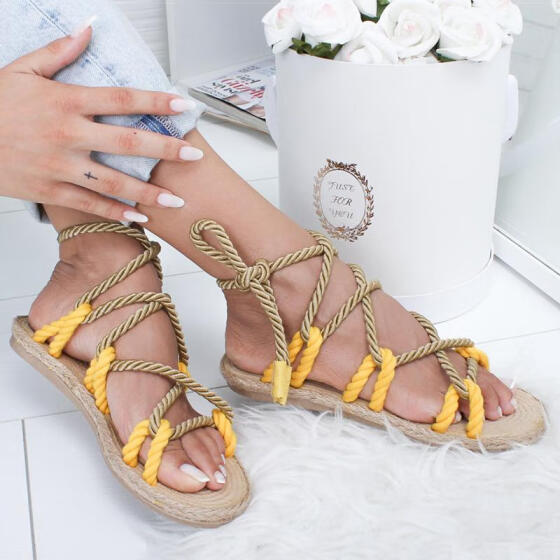 Women Sandals Rome Stagger Hemp Rope Cross tied Lace-Up Beach Flat Shoes Slipper