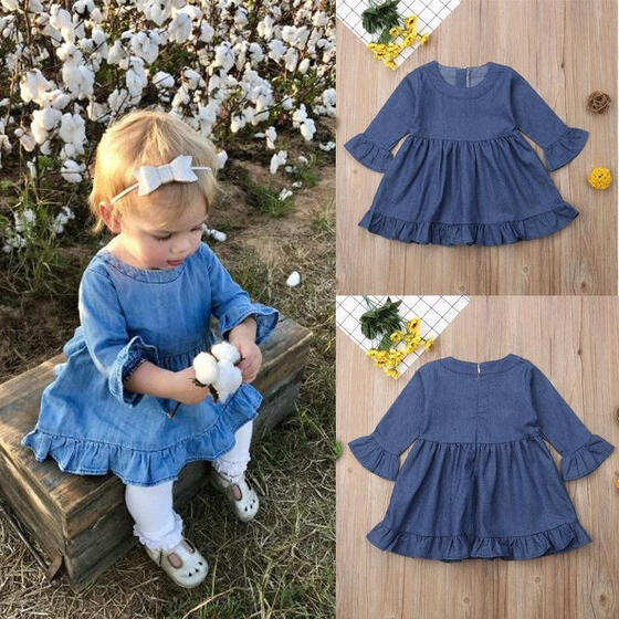 Kids Baby Girls Princess Flower Lace Ruffled Tulle Skirts Denim Dress