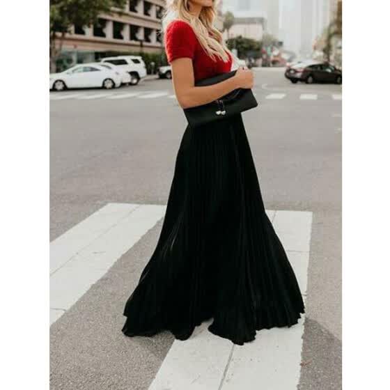 Shop Womens High Waist Pleated Long Maxi Skirt Full Length A