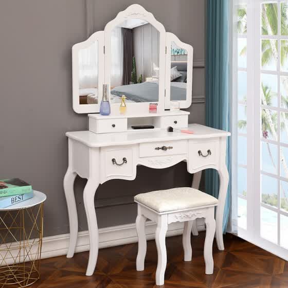 Shop Tri Folding Mirror Vanity Set 5 Drawers Dressing Table Makeup Desk With Stool White Online From Best Bedroom Furniture On Jd Com Global Site Joybuy Com