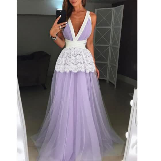 women purple patchwork v neck elegant lace dresses