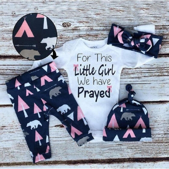 4Pcs Cute Newborn Baby Girls Cotton Tops Romper Floral Pants Outfits Set Clothes