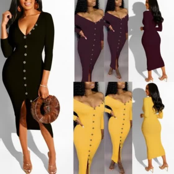 long sleeve button down bodycon dress