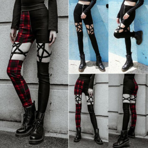 Women Zipper Stretch Leggings Pants Gothic Punk Cut Out Skinny Trousers