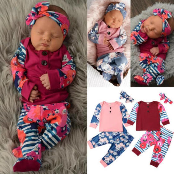 US Newborn Infant Baby Girls Clothes Tops T-shirt Leopard Pants Headband Outfits