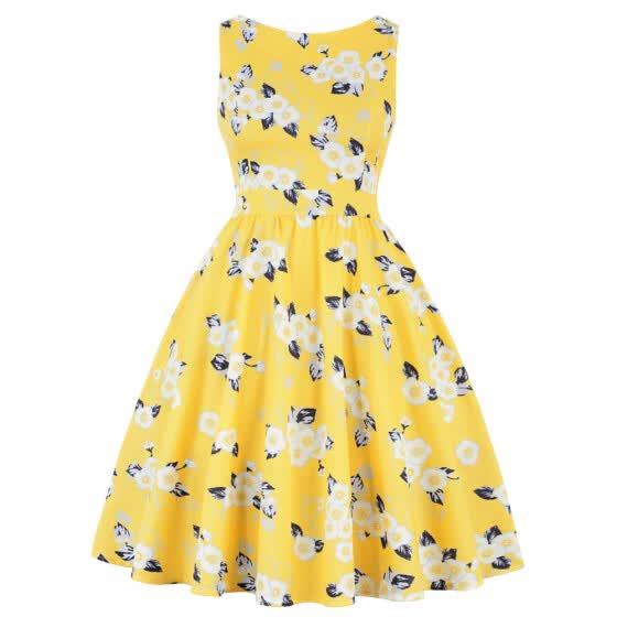 vintage print a line high waisted dress