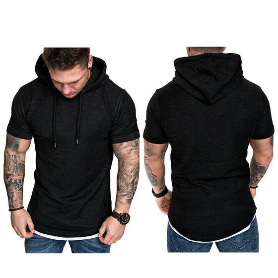 Fashion Men/'s Slim Fit Solid hooded Hoodie Short Sleeve Casual T-Shirt Tops