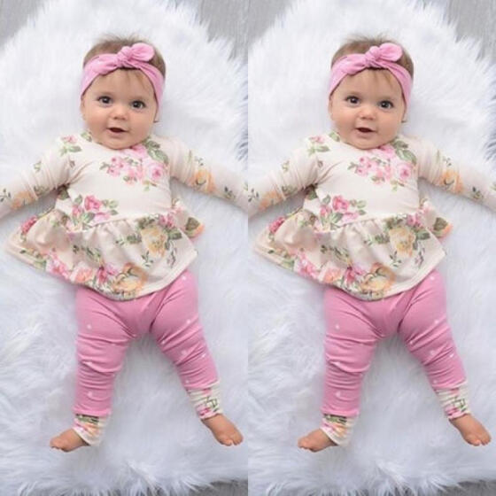 3pcs Toddler Infant Baby Girls Floral Tops+Pants+Headband Outfits Clothes Set