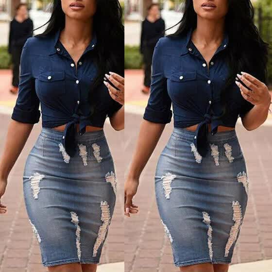 jeans skirts knee length online